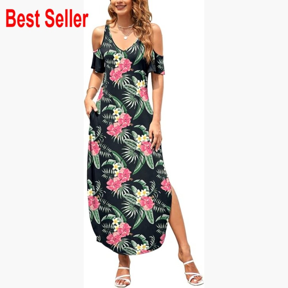 V-Neck Cold Shoulder Maxi Dress with Pockets, Rayon Polyester Spandex Blend